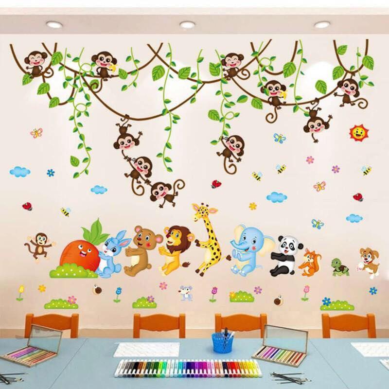 Combo 2 bức decal dán tường thú nhổ cà rốt kết hợp khỉ leo cây