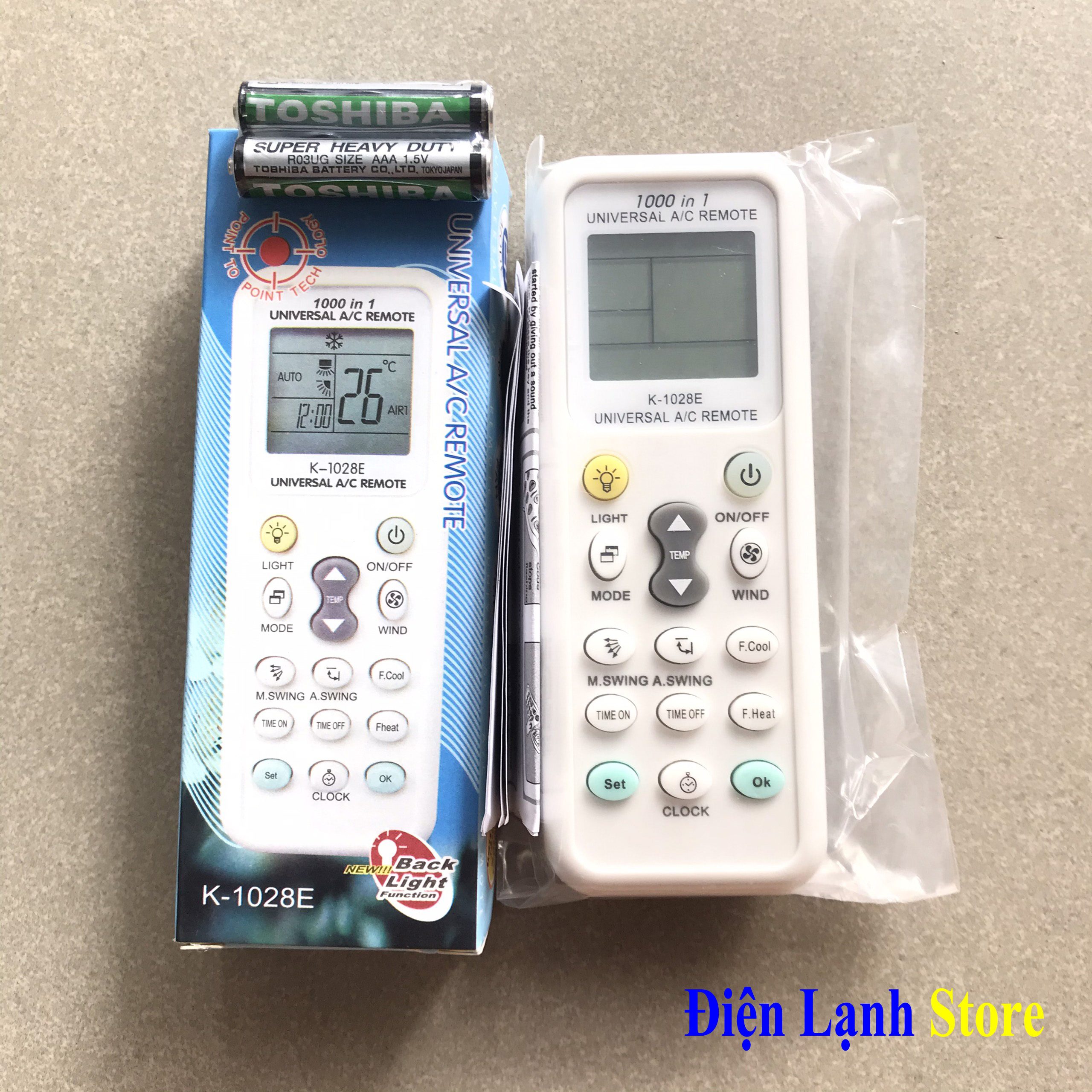 REMOTE MÁY LẠNH ĐA NĂNG K-1028E TÍCH HỢP MÃ 1000 SẢN PHẨM LOẠI TỐT+ Tặng Cặp Pin TOSHIBA