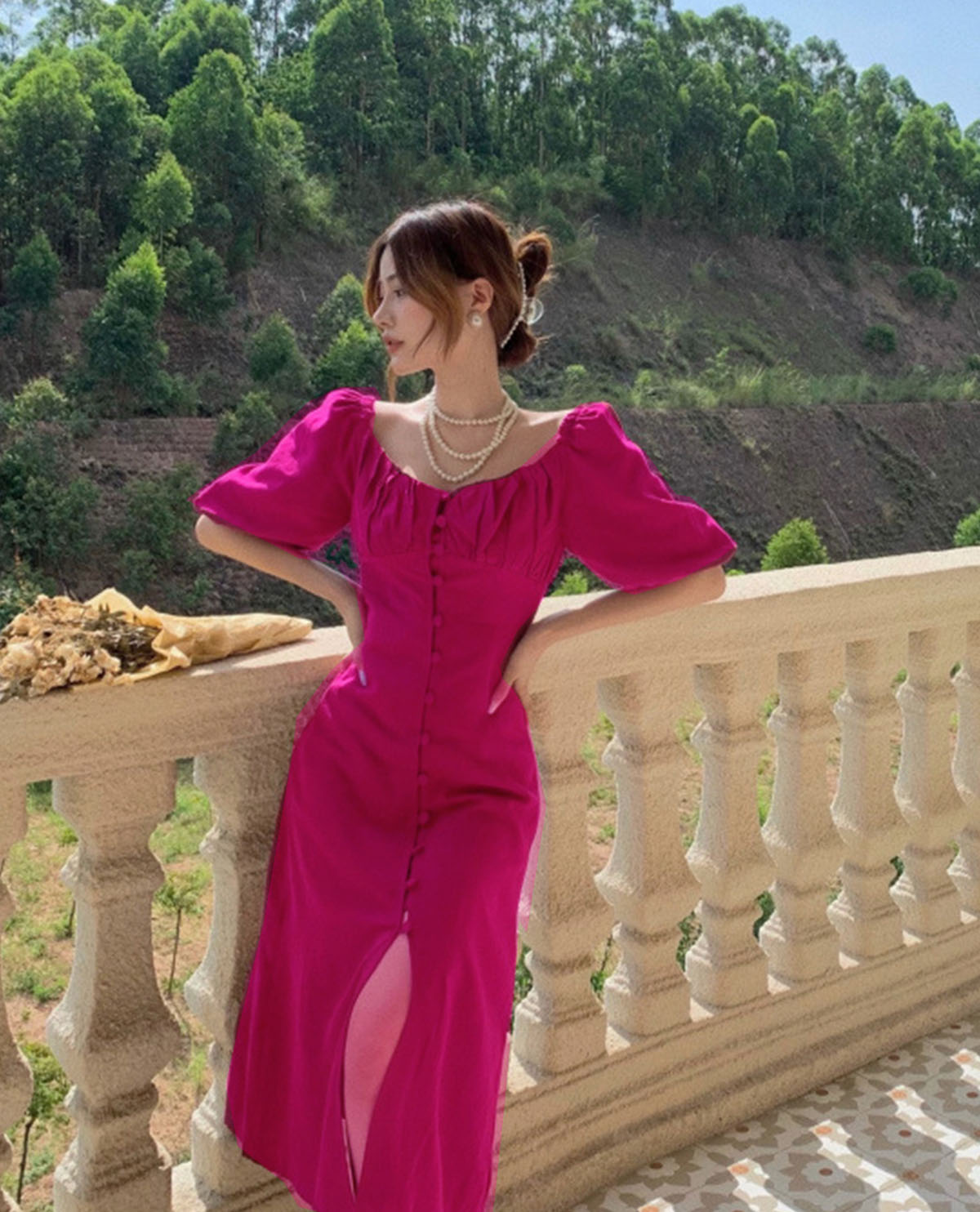 ĐẦM MAXY CỔ VUÔNG TAY PHỒNG SAN CHẢNH