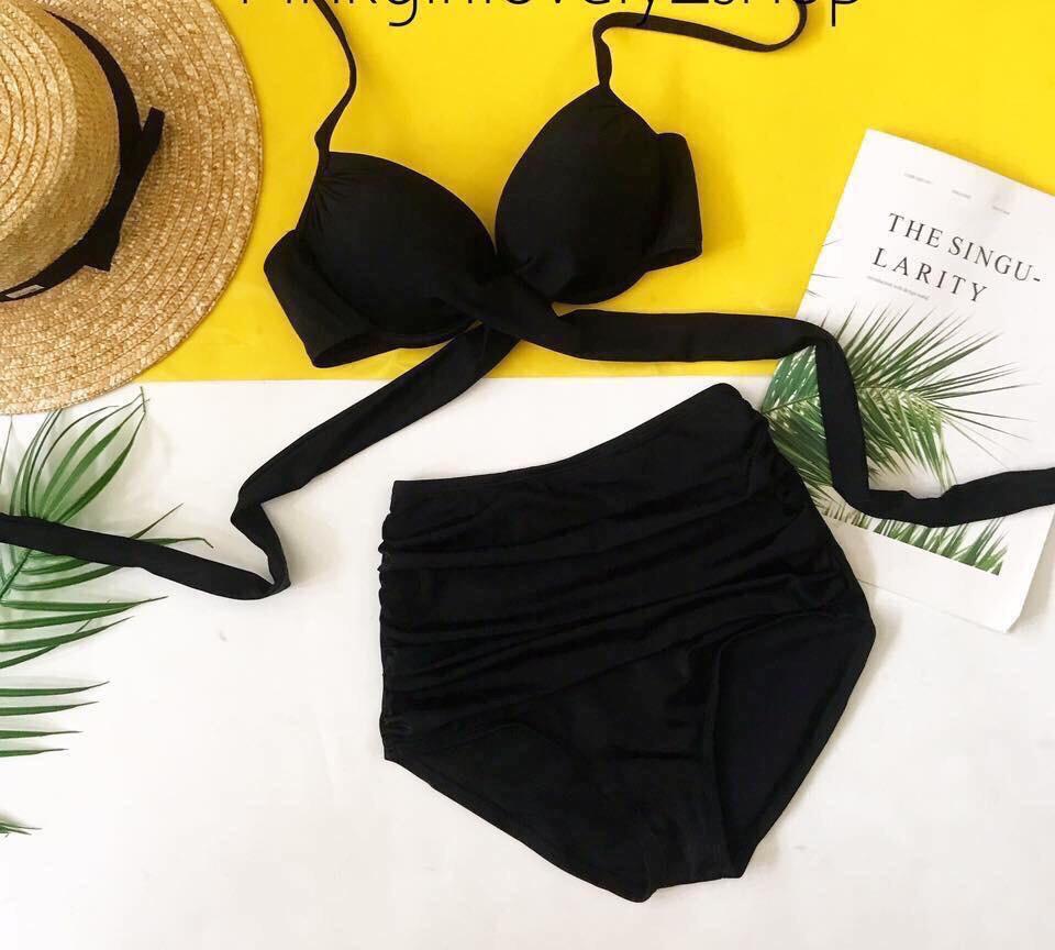 [HCM]Bikini áo ngực chéo quần cạp cao nhún đen