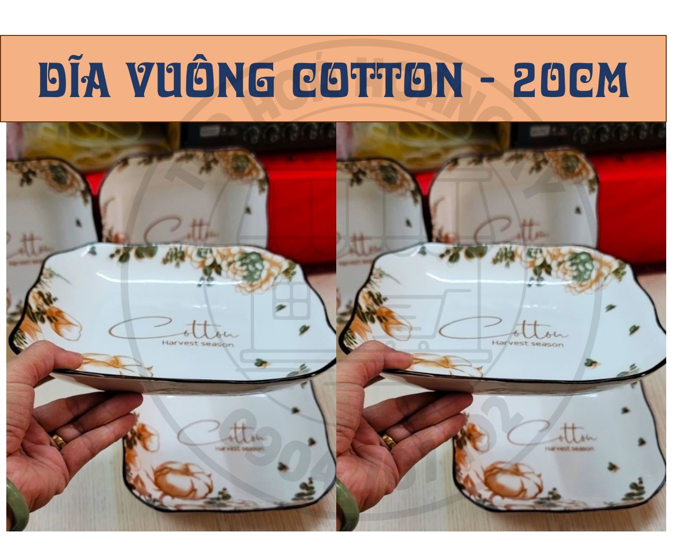 Dĩa vuông gốm sứ hoa văn Cotton 20CM ( CỠ 9)