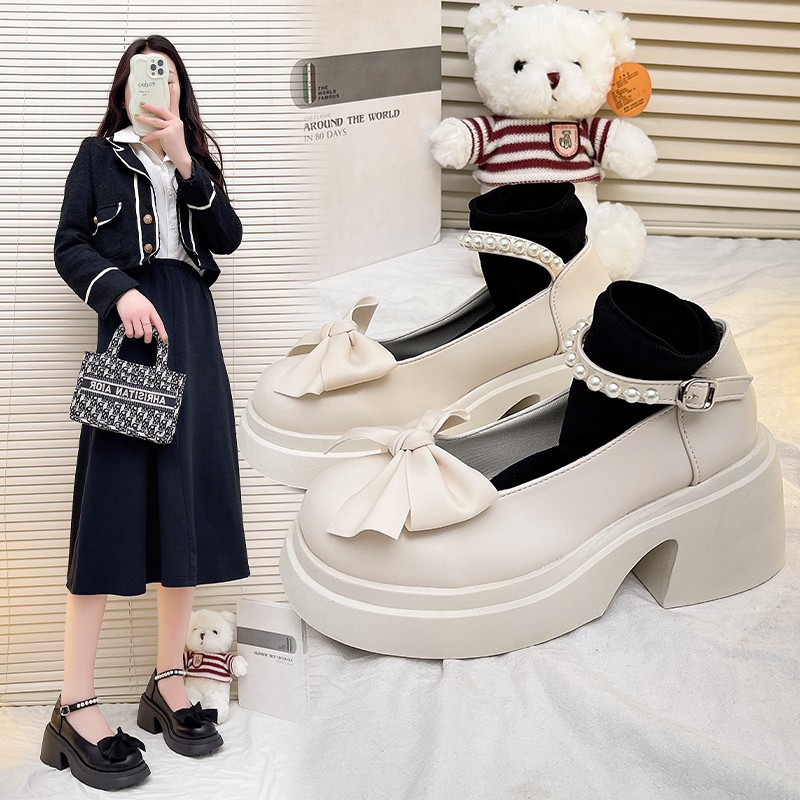 Giày lolita nơ quai ngọc đế cao