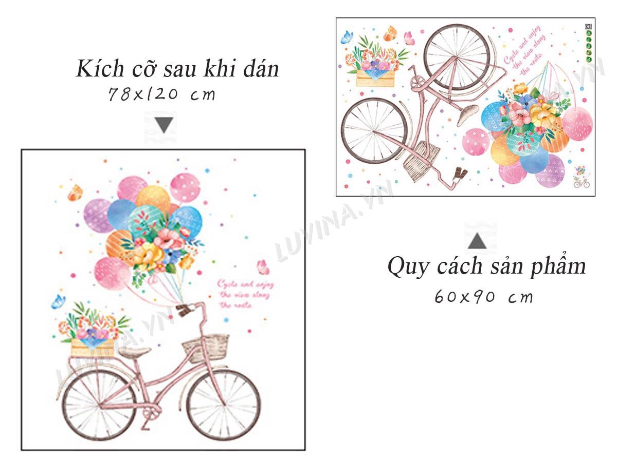 Decal tranh dán tường xe đạp bóng bay