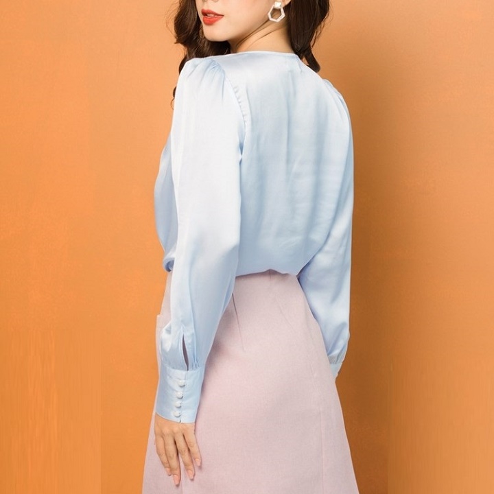 Women's 4-button long-sleeved silk satin shirt