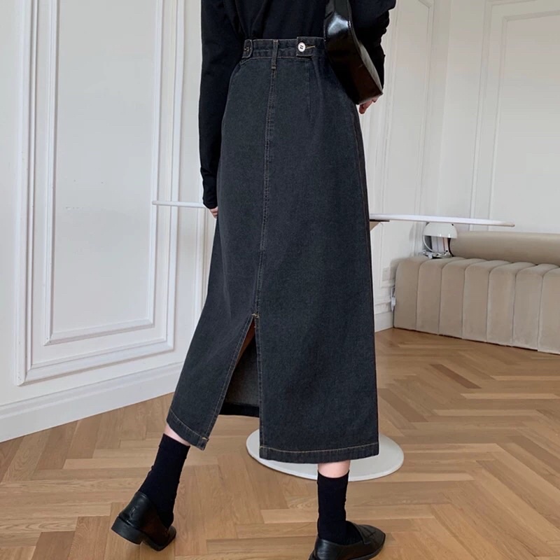 HOÀN TIỀN 15% - Chân váy jean dài cạp điều chỉnh độ rộng bụng váy bò dáng dài cạp cao phong cách