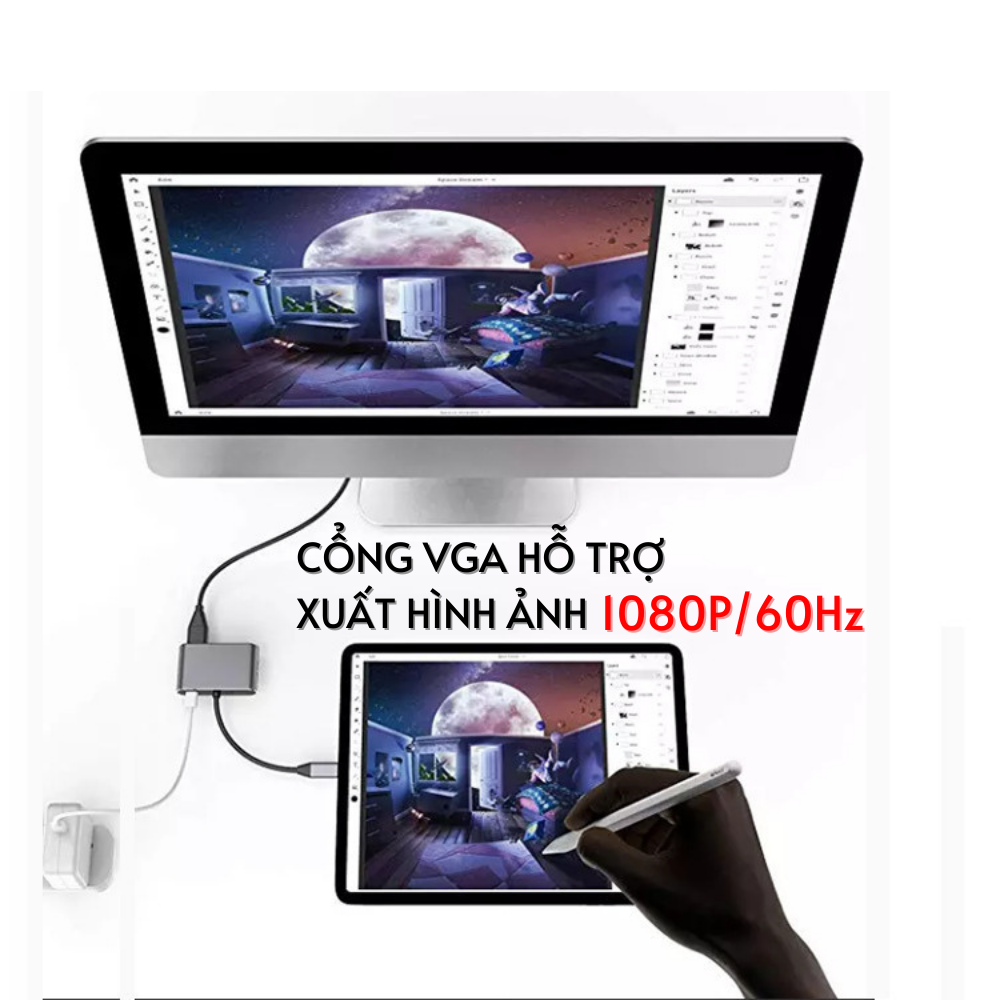 Hub usb type c to hdmi,cổng chuyển đổi type c,usb type c hub mac laptop Đt ra HDMI 4k ra 2 màn hình+audio 5in1