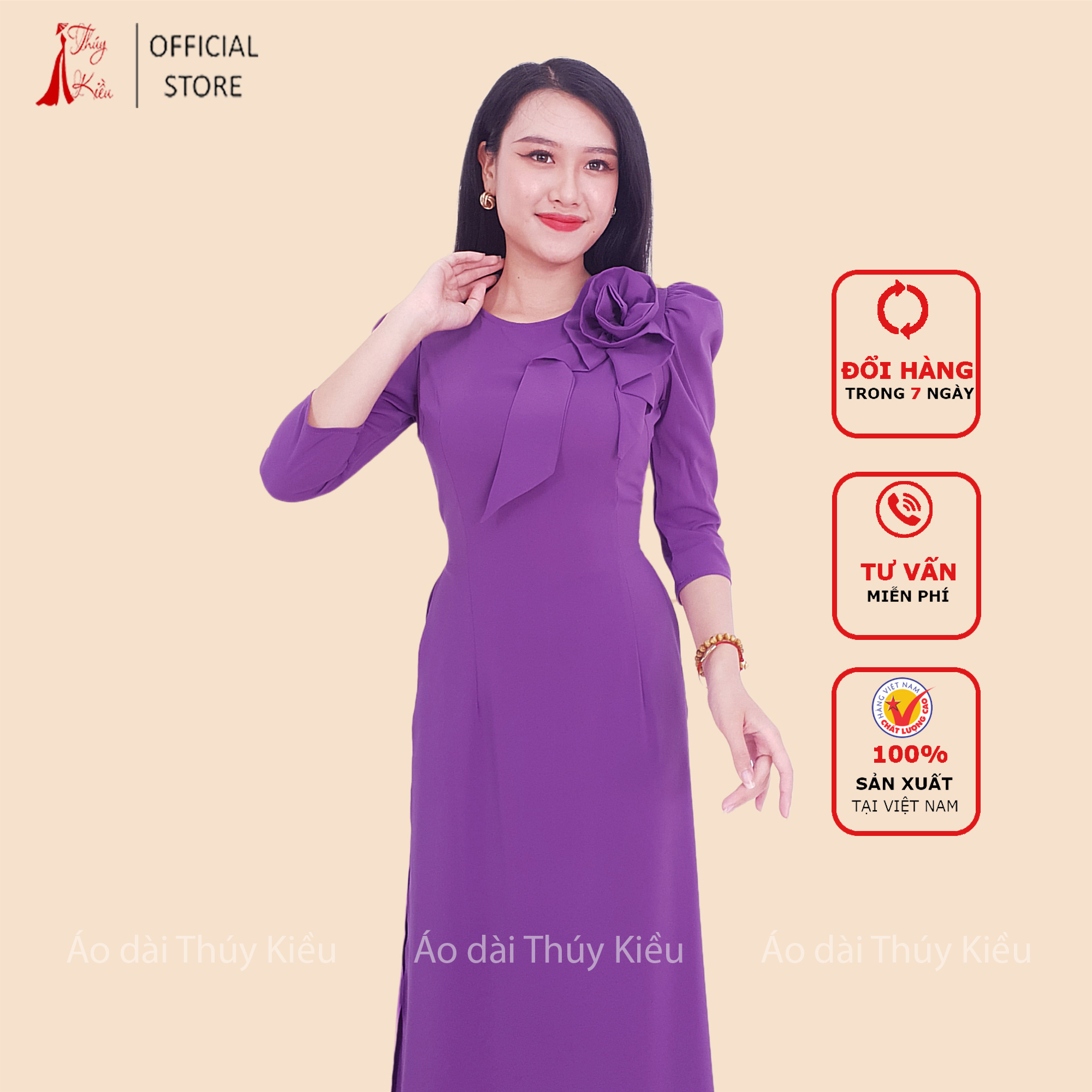 Áo dài trơn lụa Nhật cổ tròn màu tím huế tay bồng A04
