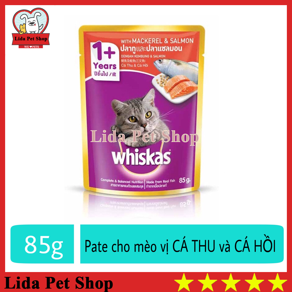 HN- Thức ăn ướt pate / xốt Whiskas hương vị Cá Thu và Cá Hồi dành cho mèo lớn - Gói 85g - Lida Pet Shop