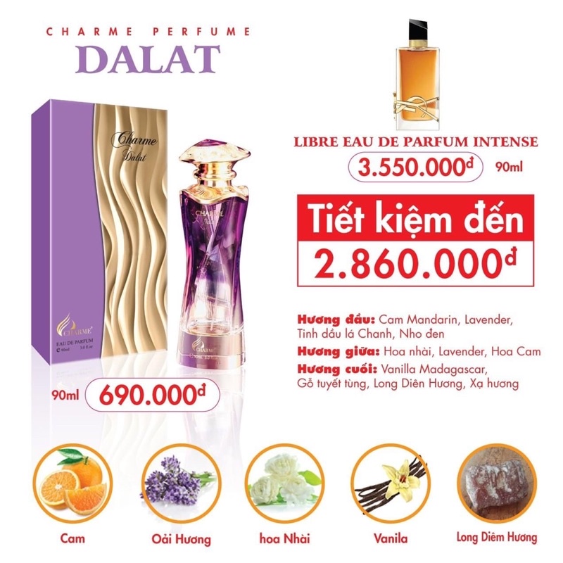 [Chính Hãng] Nước Hoa Tỉnh Thành CHARMEDALAT 90ml ( date 3/2025 )