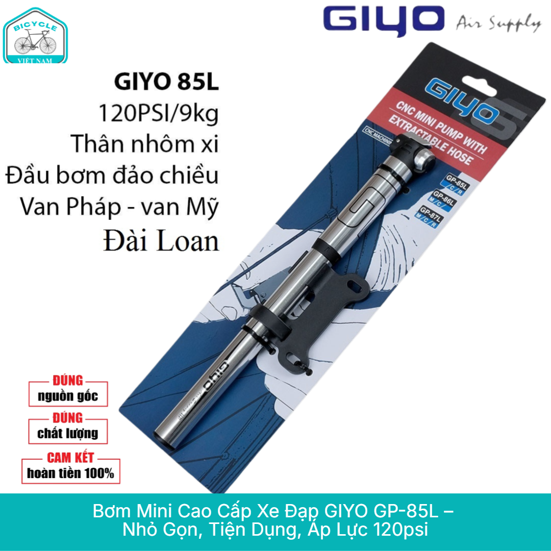 High Quality Mini Bicycle Pump Giyo Gp 85L – Cnc Aluminum Alloy, Pressure 120 Psi, Extendable Cord, Genuine