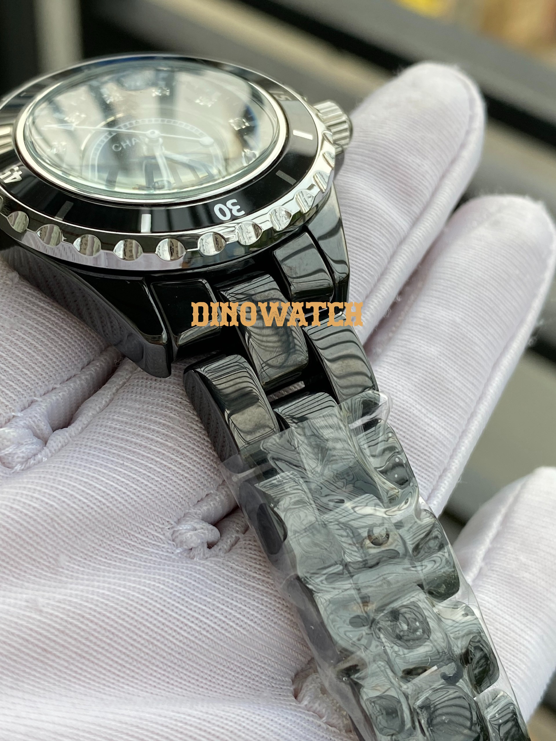 [HCM]Đồng hồ nữ CHỜNEL dây đá ceramic màu đen - mặt đính đá - size 34mm(DNHJ12B)