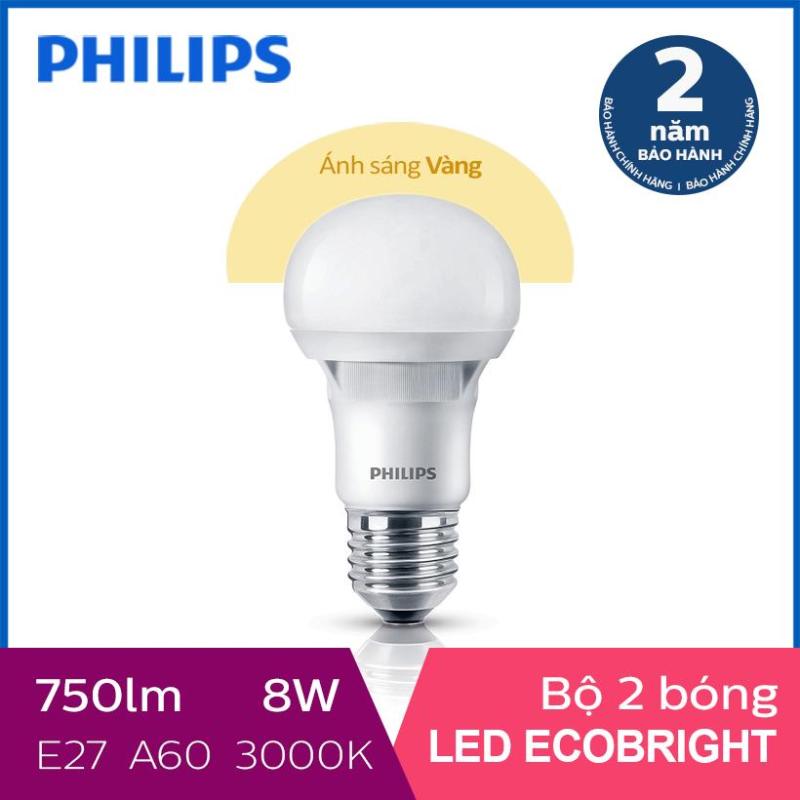 Bộ 2 Bóng đèn Philips LED Ecobright 8W 3000K E27 A60 - Ánh sáng vàng