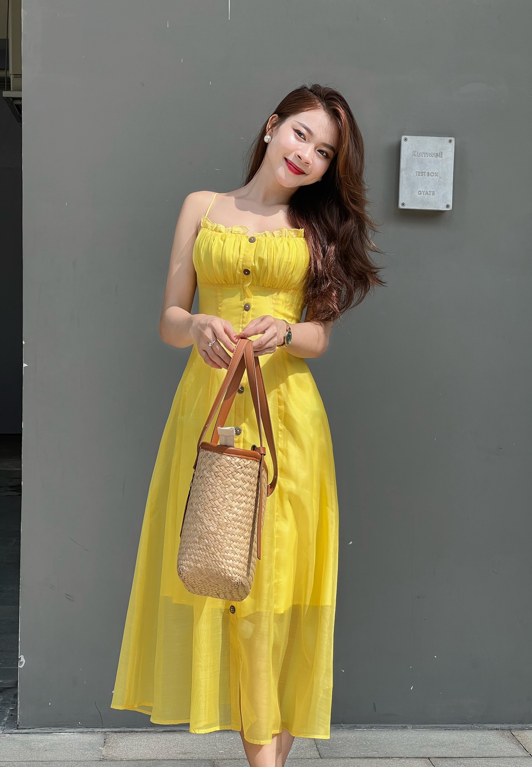 Đầm midi hai dây bèo nhún Joven