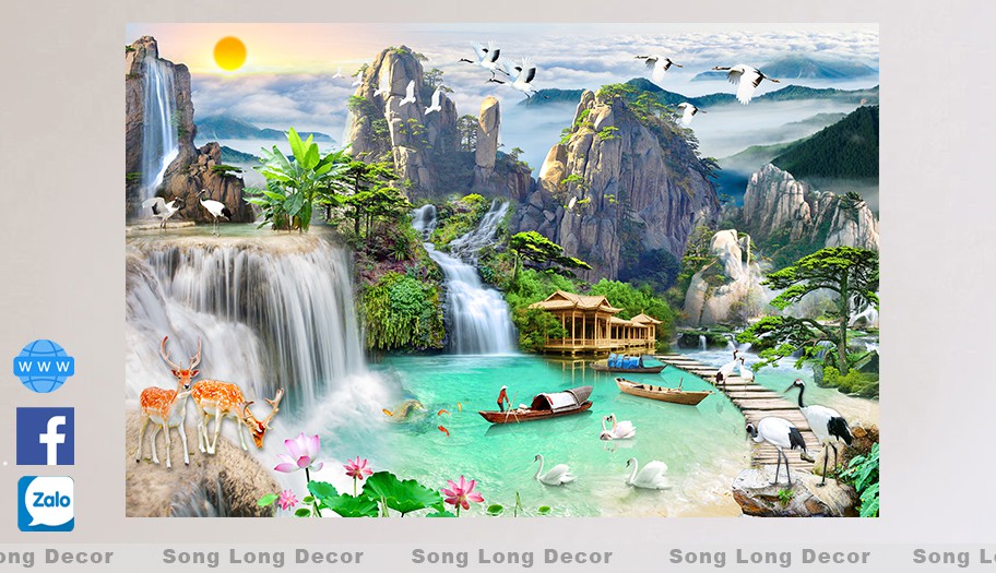Tranh dán tường 3d Sơn Thủy Hữu Tình -1338TTN Tranh 3D Phong Thủy- Giấy dán tường 3d - Song Long Decor -