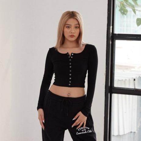 Áo thun nữ tay dài RYACTIVE -  BUTTON LONGSLEEVES Black