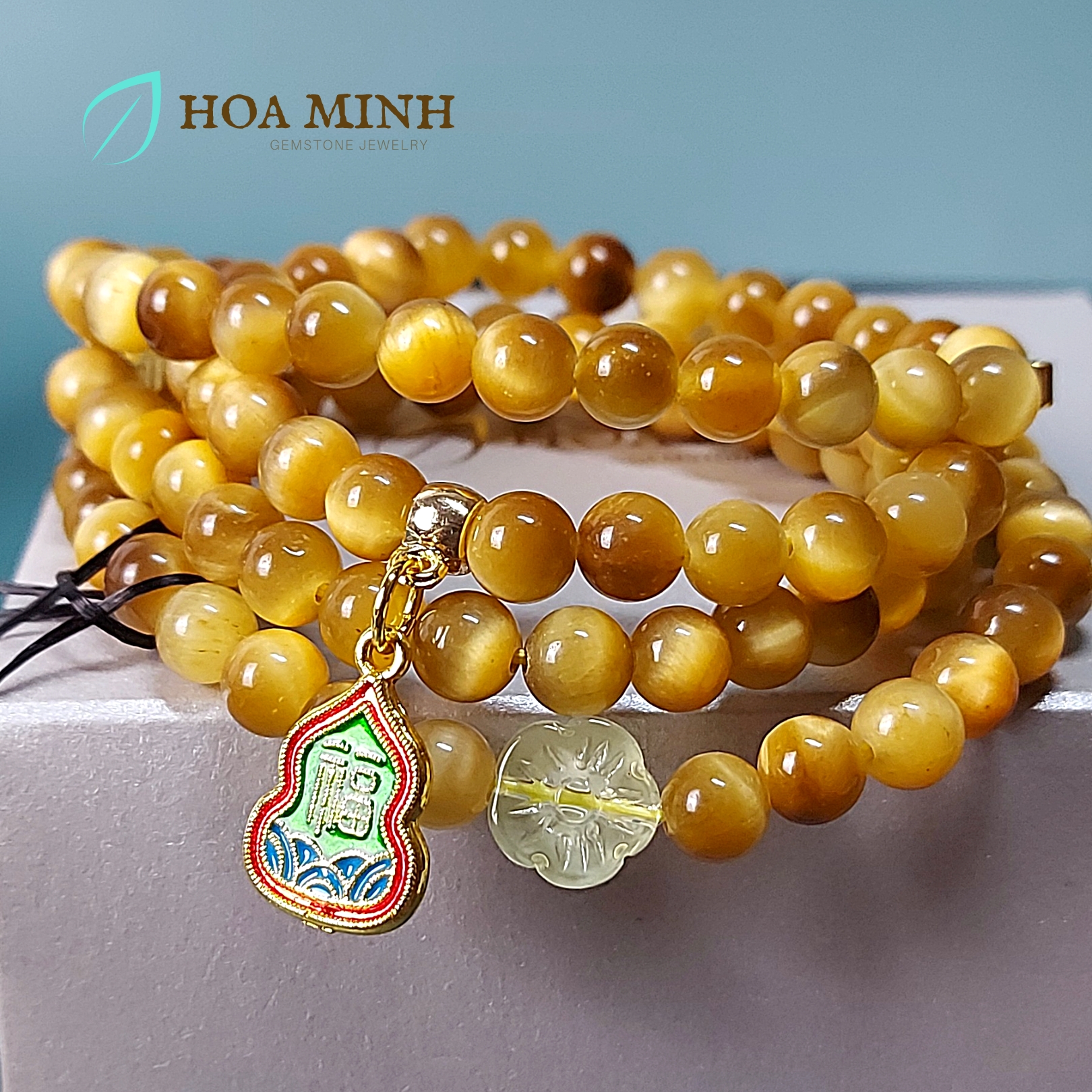Vòng tay chuỗi Mắt Hổ Vàng Tâm 108 hạt size 6 li An Lạc, phối charm ngôi sao, hoa mai và hồ lô chữ Phúc | Hoa Minh Gem