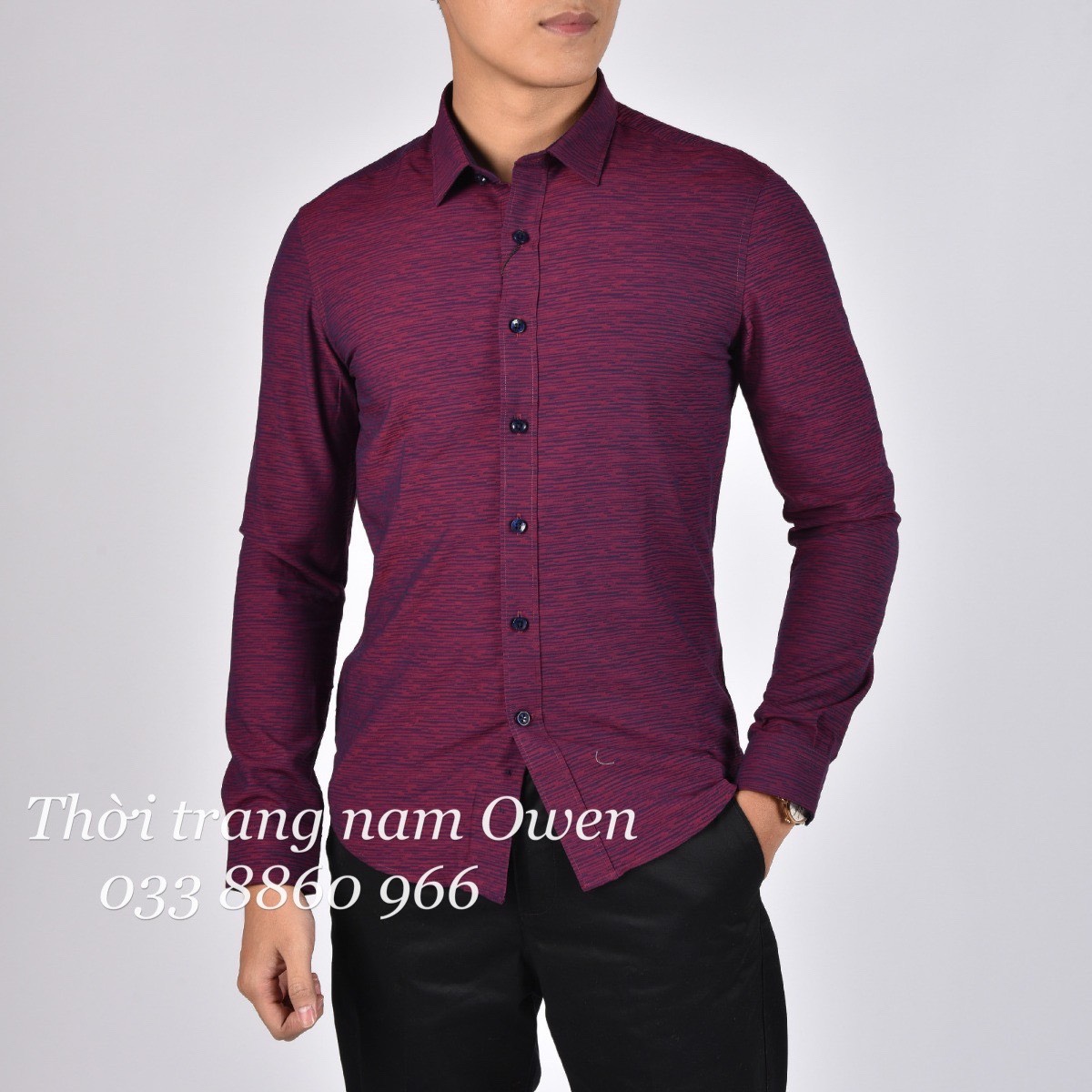 OWEN - Áo sơ mi dài tay Owen Slimfit màu đỏ vạch sọc chất vải Bamboo sợi tre kháng khuẩn AS 80830