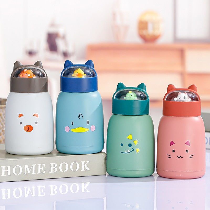Bình nước ameera đầu búp bê 330ml - bình thủy tinh nắp thú dễ thương, lõi thủy tinh bọc nhựa