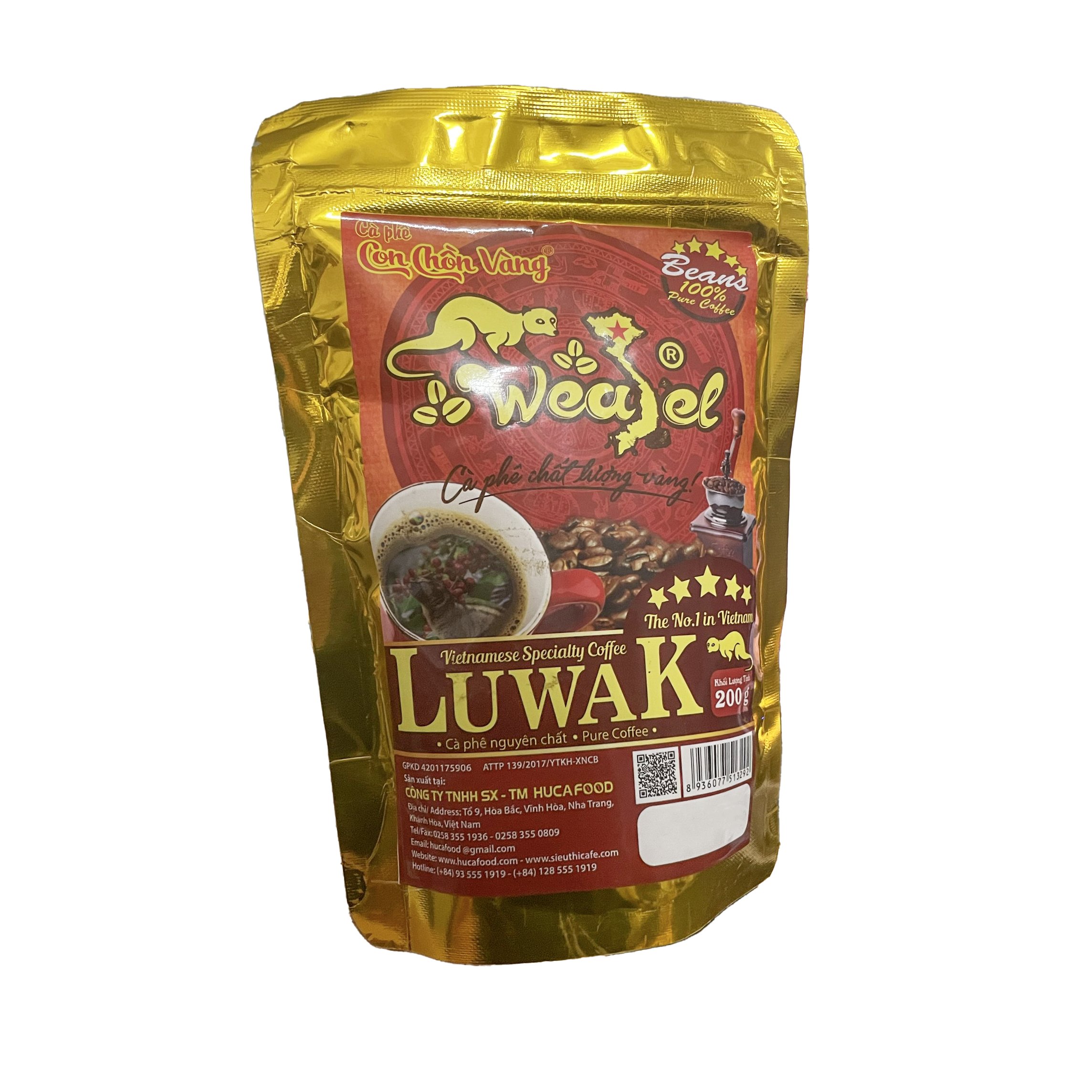Cà Phê Chồn Luwak Hạt - Golden Weasel - Túi Zipper 200Gr