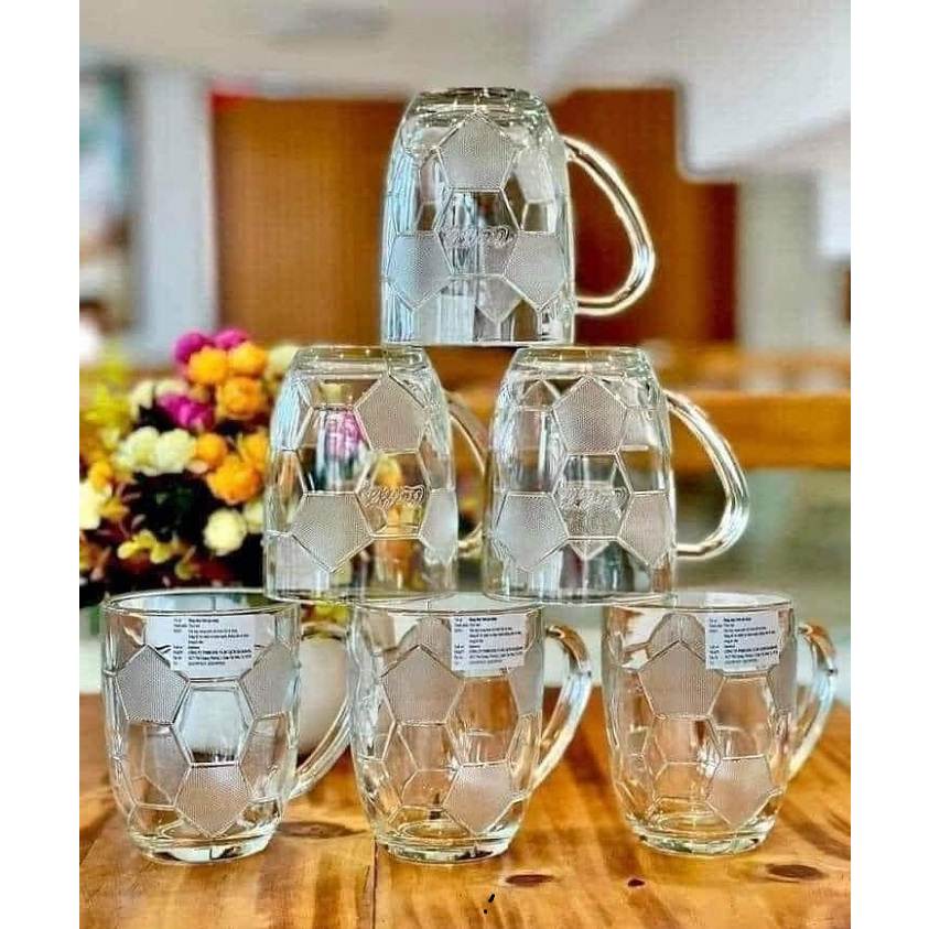 Bộ 6 ly thuỷ tinh hình trái banh 375ml có quai, logo cocacola, xuất xứ indonesia, ly dày bền đẹp