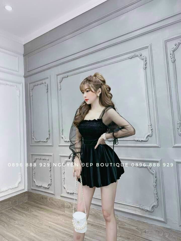 [HCM]Đầm nhung tay dài phối lưới sang chảnh