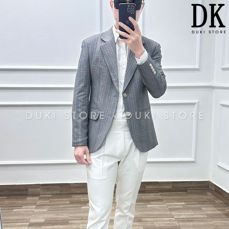 Áo vest nam, áo blazer nam 1 cúc hàn quốc kẻ caro màu xám thanh lịch adk0009 - duki store
