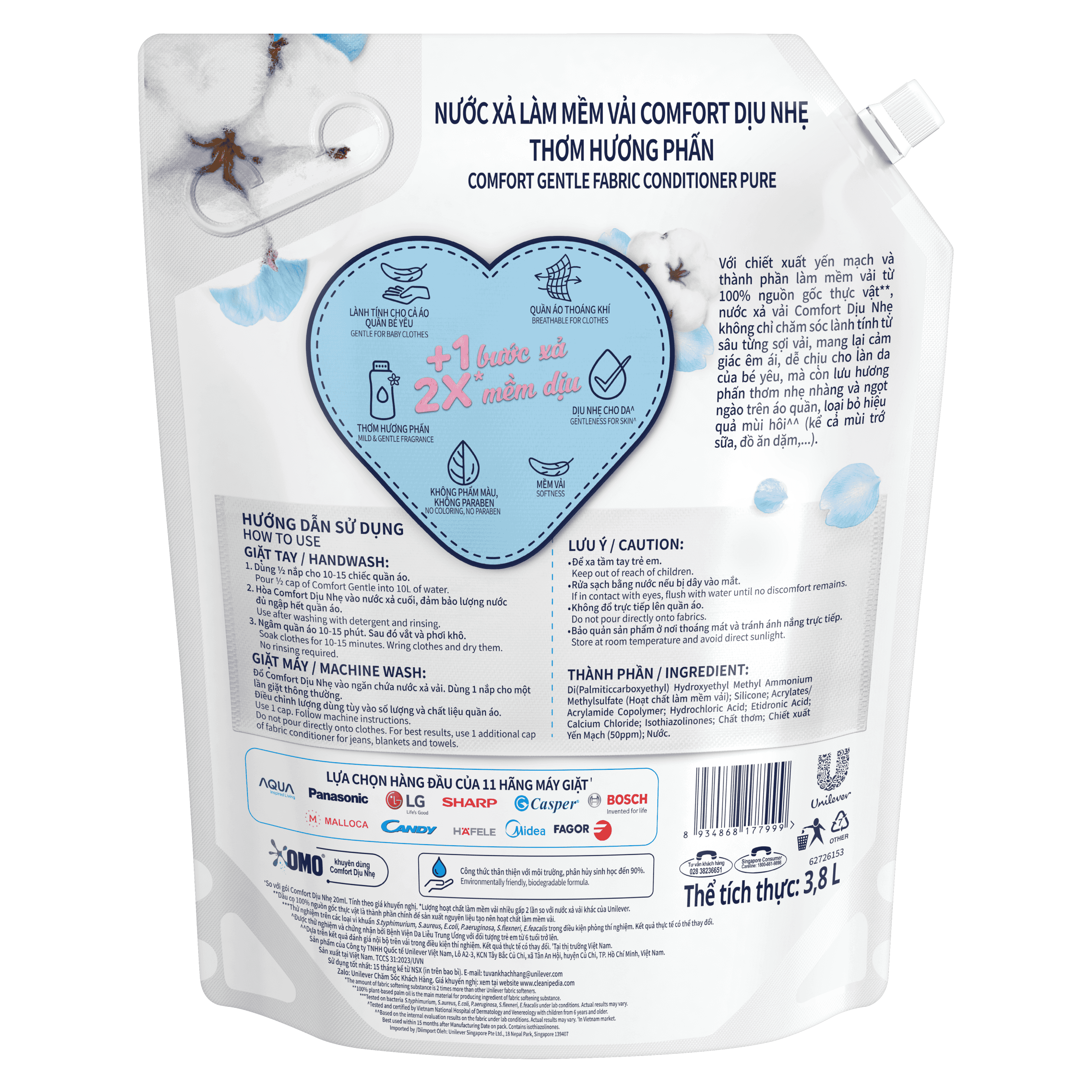 Nước Xả Vải Comfort Dịu Nhẹ Thơm Hương Phấn 3.8L