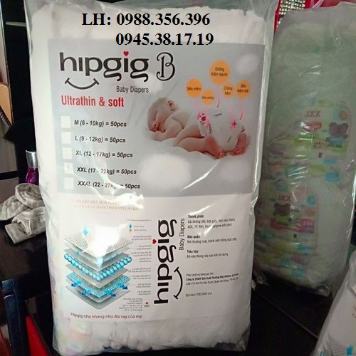 Bỉm Tã Quần Hipgig M/50 L/50 XL/50 XXL/50 XXXL50 siêu nhẹ, siêu thấm chống hăm