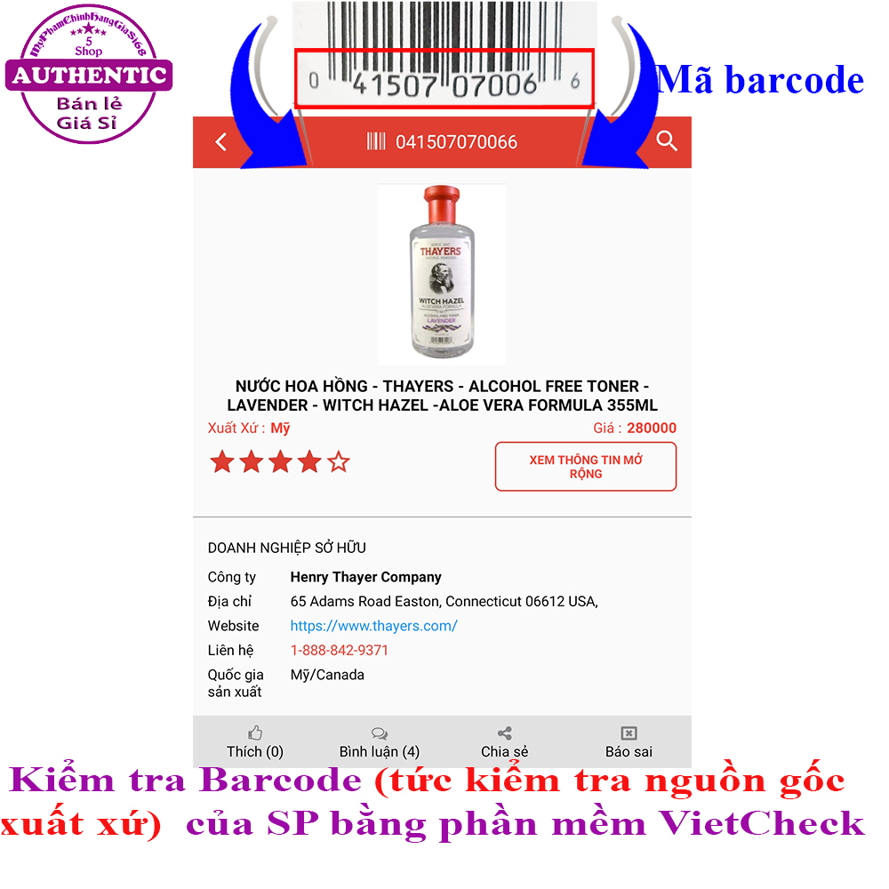 Nước Hoa Hồng THAYERS Aloe Vera Formula Witch Hazel USA(COCONUT)