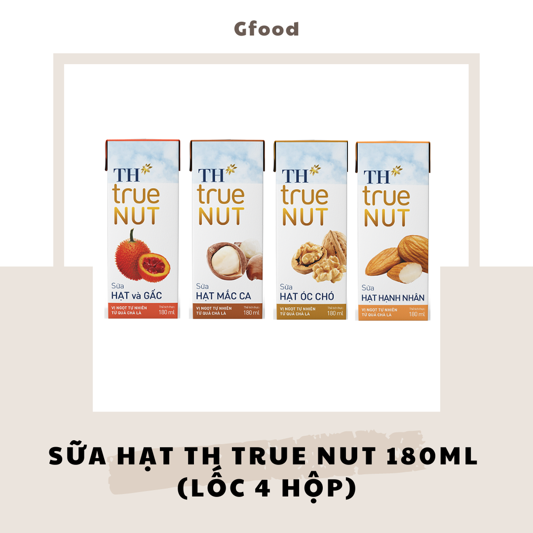 TH True Nut Sữa Hạt (Hạnh Nhân, Óc Chó, Mắc Ca, Hạt & Gấc, Hạt & Nghệ) Lốc 4 Hộp 180ml
