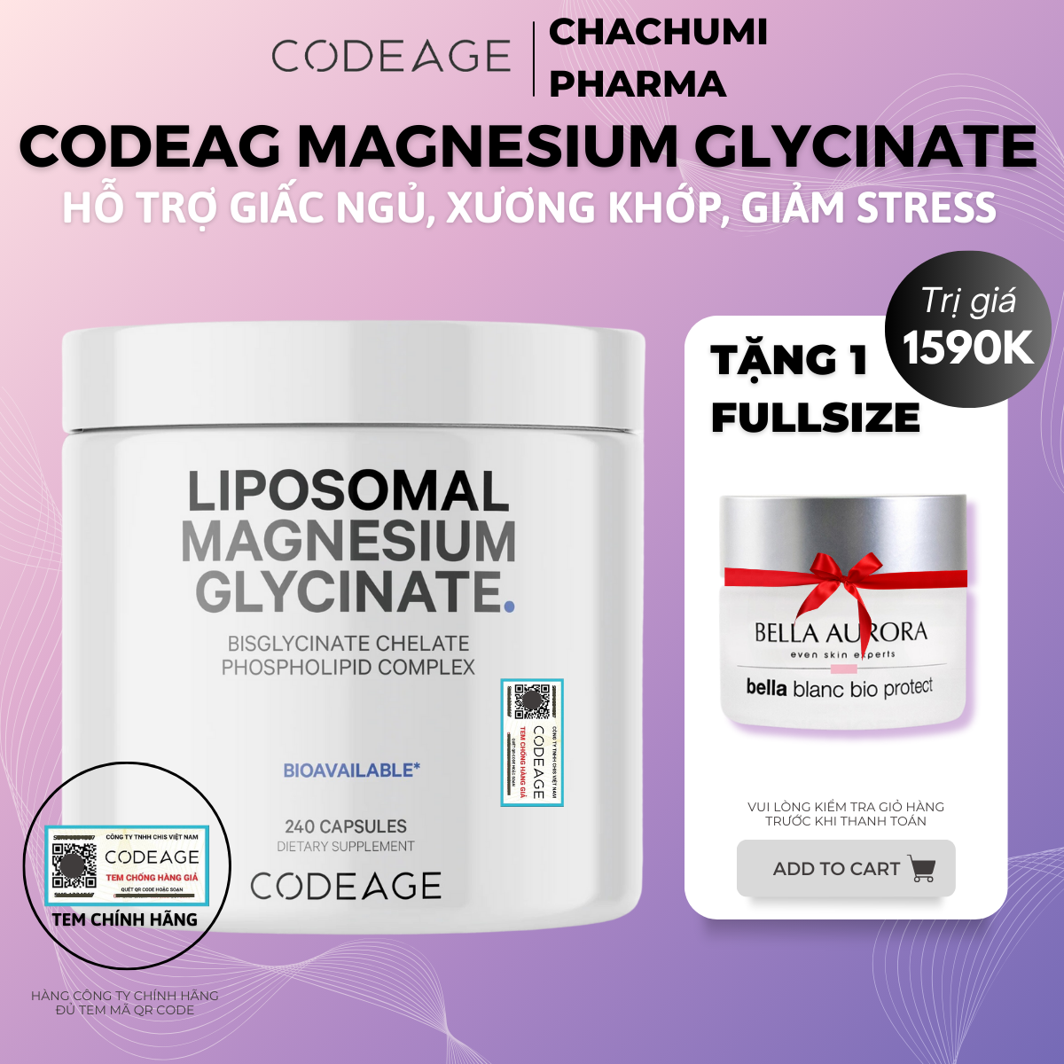 Viên Uống Bổ Sung Magiê Hỗ Trợ Tập Gym, Giấc Ngủ, Xương Khớp, Giảm Stress Codeage Liposomal Magnesium Glycinate 240v