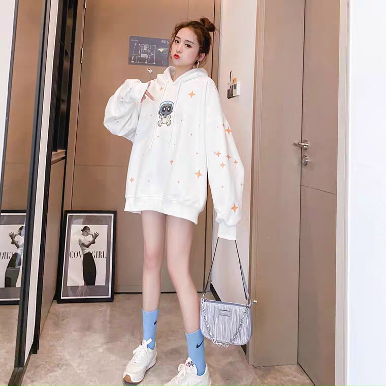[HCM]( FREESHIP TOÀN QUỐC) Áo hoodie nữ freesize form rộng dài tay cổ trònáo hoodie cặp không nón unisex from rộng đi học hót 2020 in hành tinh siêu xinh BL