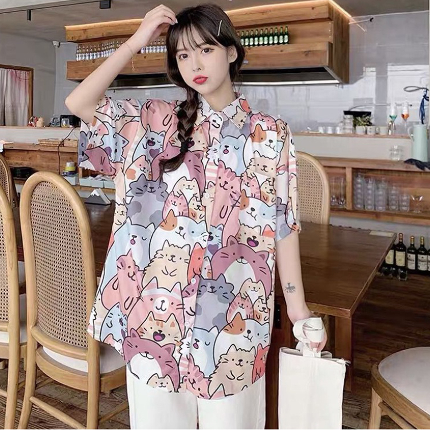 Áo sơ mi nam nữ,đi biển unisex in hình mèo cute, chất vải poly mềm mát trẻ trung, cá tính QC5