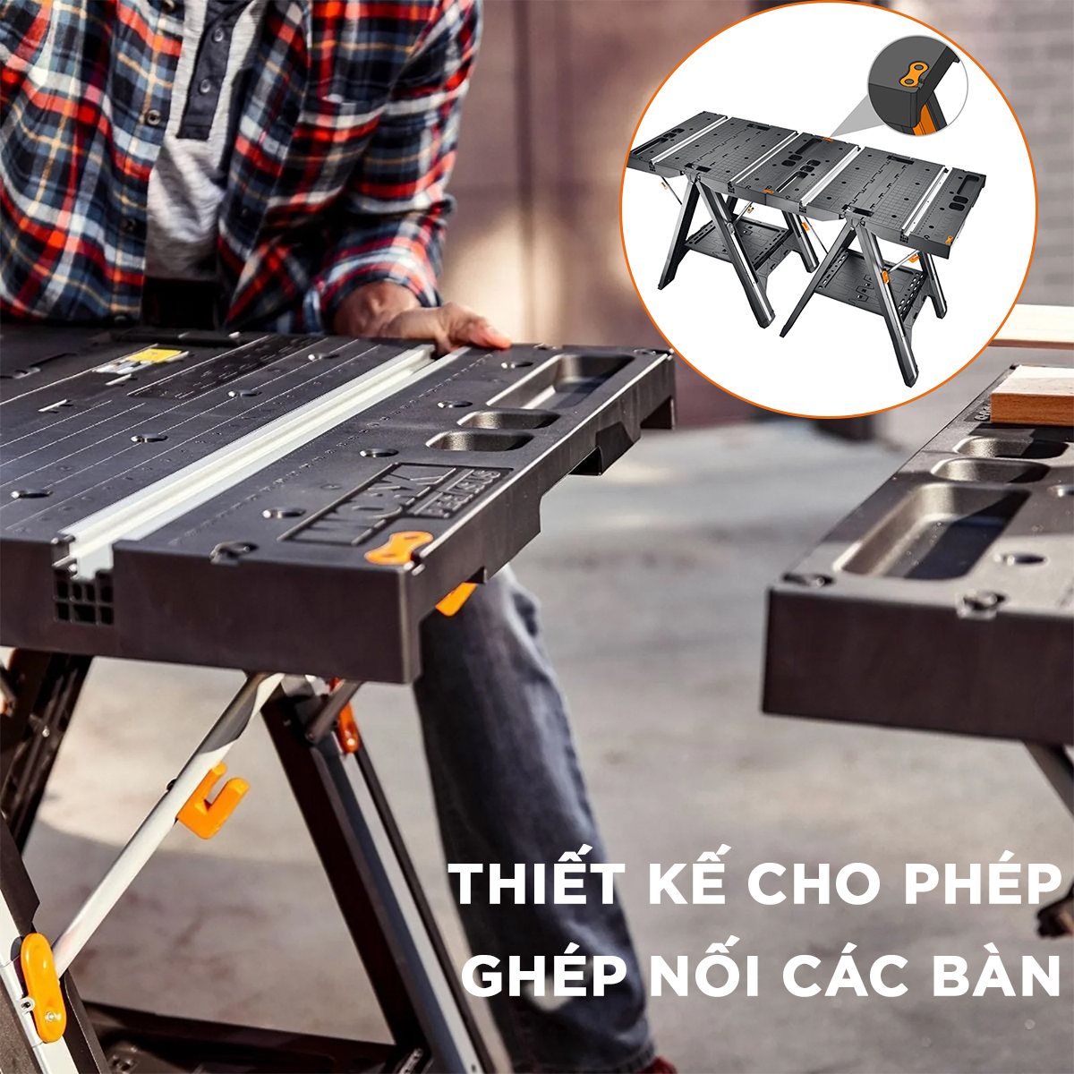 Bàn làm việc đa năng xếp gọn WORX WX051 tải trọng lên đến 450kg, dễ dàng gấp gọn di chuyển, mặt bàn rộng dễ thao tác, có hộp đựng đồ nghề