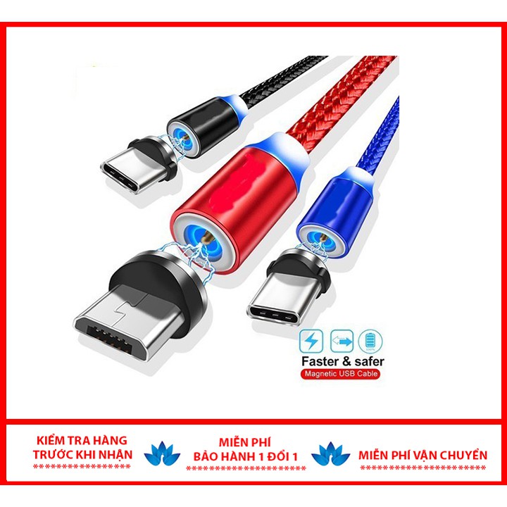 Sạc Nam châm 3 đầu Iphone/ micro USB/ Type C xoay 360 độ dây dù