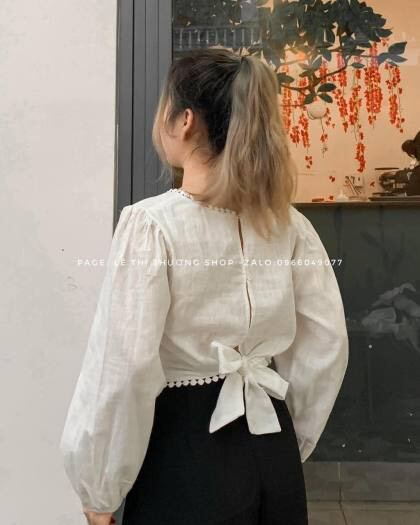 ☀️Áo Kiểu Bo Eo Thắt Nơ Sau Phối Ren