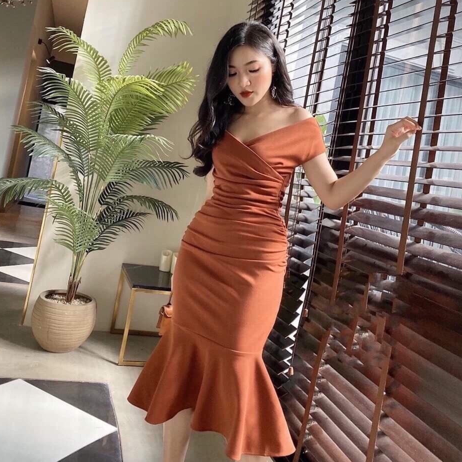 [HCM]Đầm Ôm Nhún Sườn Đuôi Cá Trễ Vai