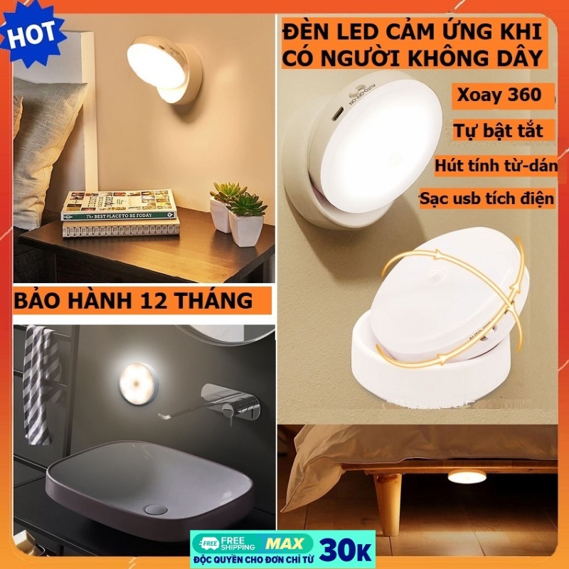 Đèn cảm ứng khi có người, đèn led cảm ứng không dây sạc tích điện usb, tự động bật tắt đế nam châm xoay 360 độ công suất 0.7W, đèn cảm ứng ban đêm, đèn cảm ứng gắn tường cho tủ, cầu thang, phòng ngủ, bếp, nhà vệ sinh