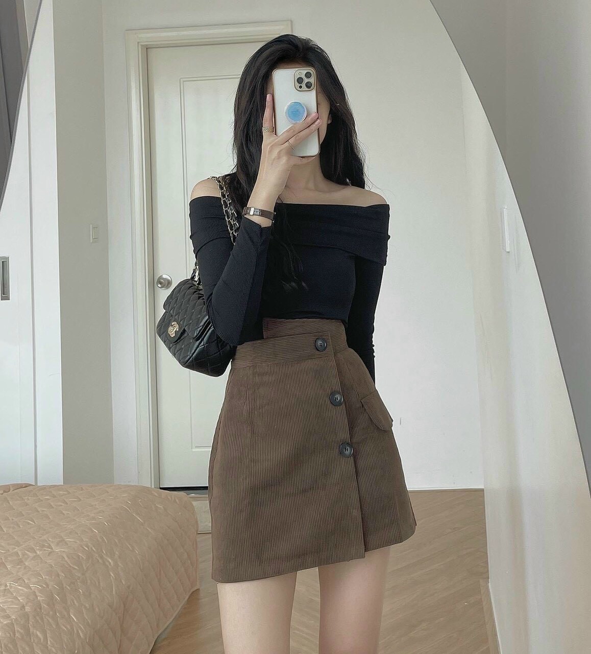 Áo kiểu nữ tay dài bẹt vai tầng chất thun gân