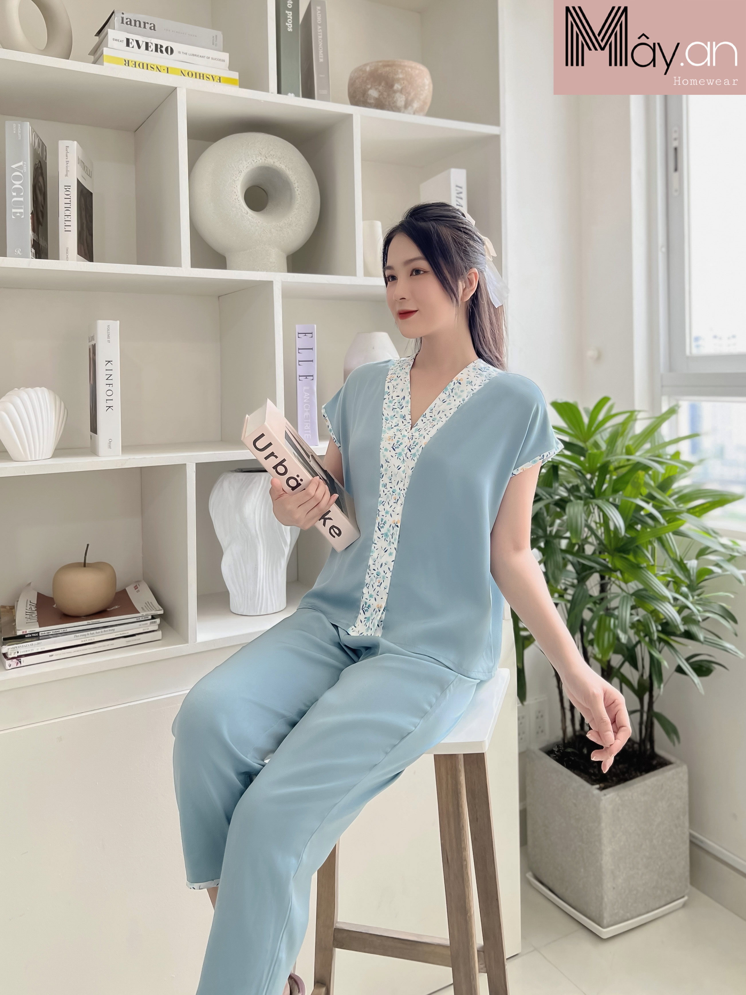 Đồ mặc nhà Mây áo viền hoa lụa nhung cao cấp - quần dài