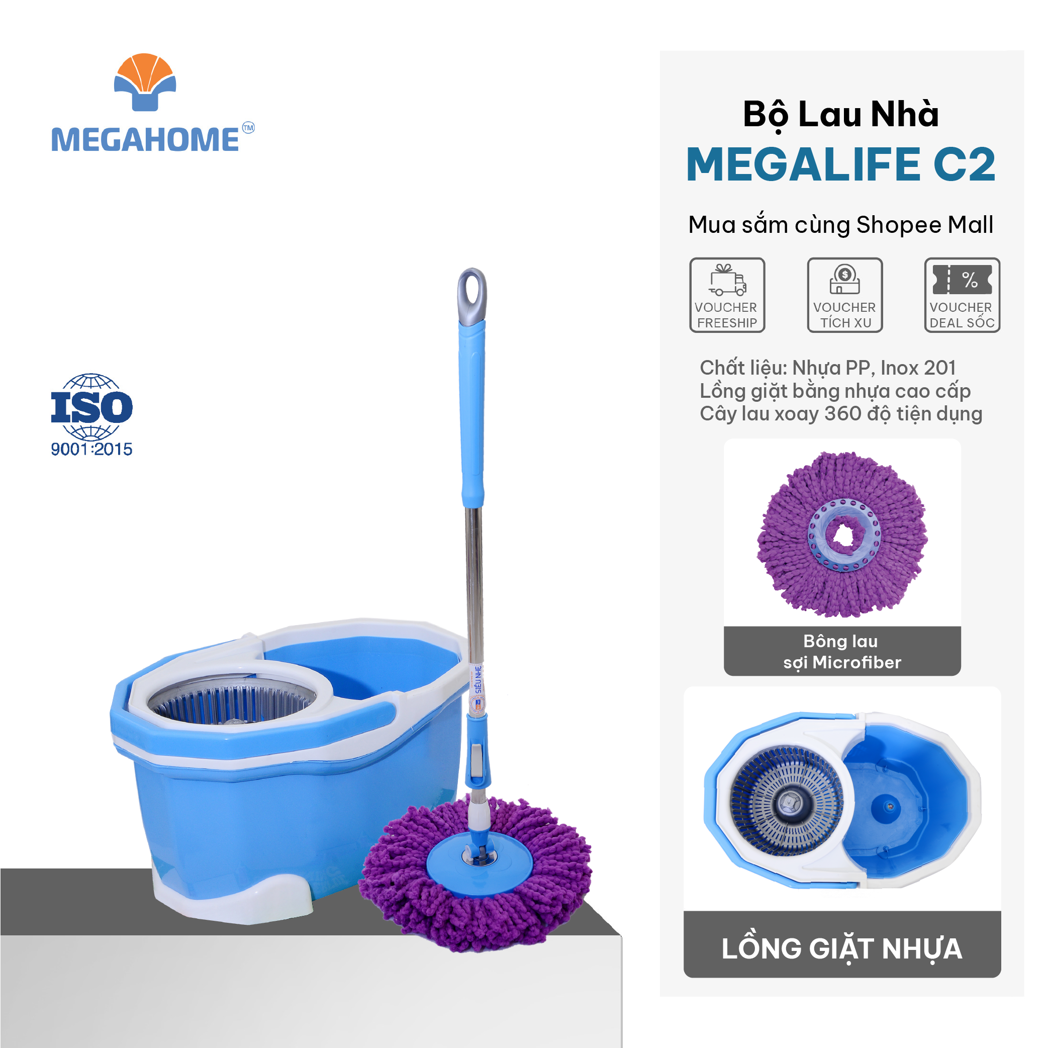 Bộ lau nhà Megalife C2, dung tích 14l, lồng vắt nhựa, xoay 360 độ