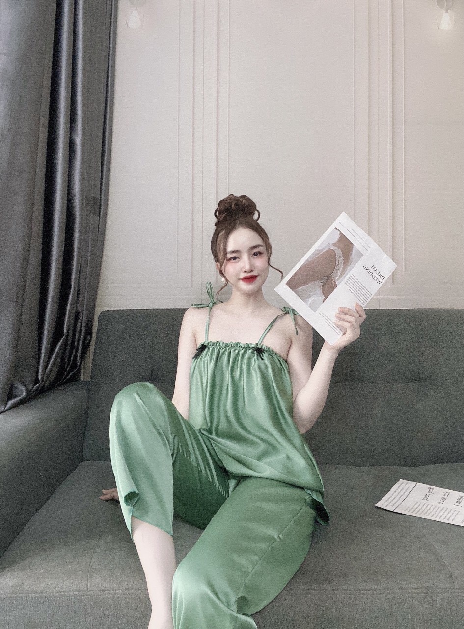 Đồ ngủ 2 dây cột nơ quần dài dễ thương siêu nhà