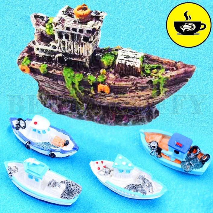 Tàu thuyền đánh cá bám rong rêu Mini - Trang trí bể cá tiểu cảnh