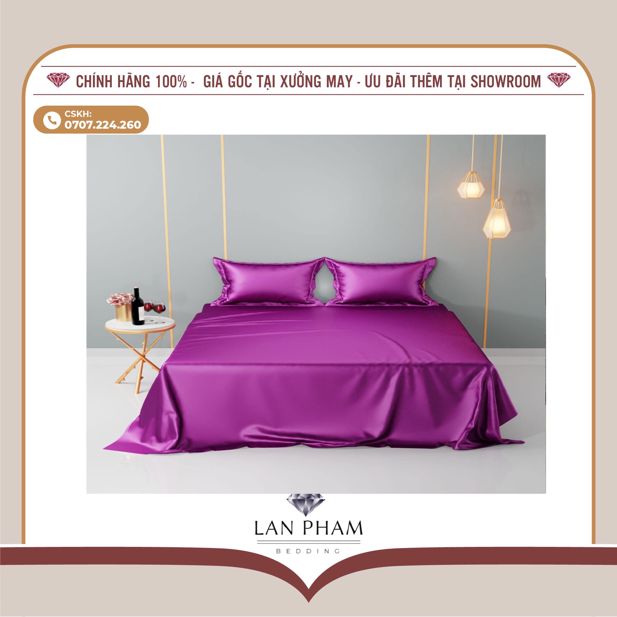 BỘ GA GIƯỜNG DRAP GỐI PHI LỤA MÀU TÍM HUẾ CAO CẤP LAN BEDDING