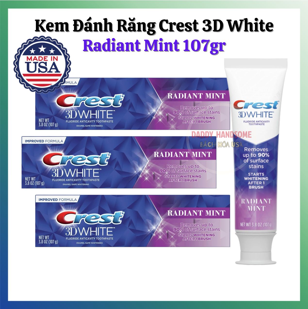 Kem đánh răng Crest 3d White Radiant Mint 107 gram - Mỹ - TH Cosmetics