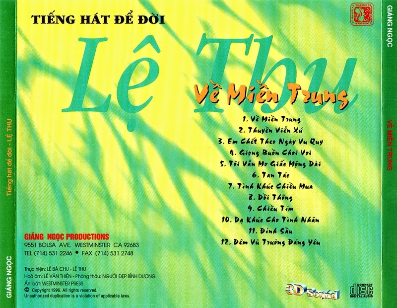 [MDCD] Bộ 2 Đĩa CD LỆ THU - Khúc Tango Sầu - Về Miền Trung
