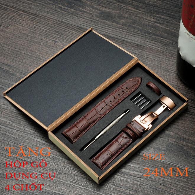 Dây đồng hồ da bò cao cấp tặng Hộp Gỗ SIZE 24mm kèm khóa bướm thép không gỉ 316L