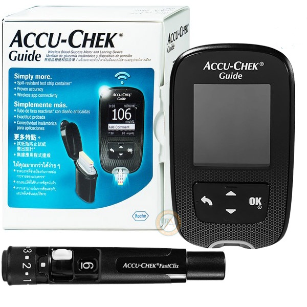 (HÀNG SẴN CÓ)(+tặng hộp 25 que test) Máy đo đường huyết Accu-Chek Guide MG/DL - Kèm Dụng cụ lấy máu Fastclix, trụ 6 kim