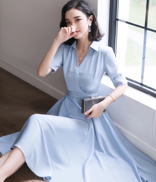 [HCM]Đầm xanh biển cổ bẻ (kèm hình thật)