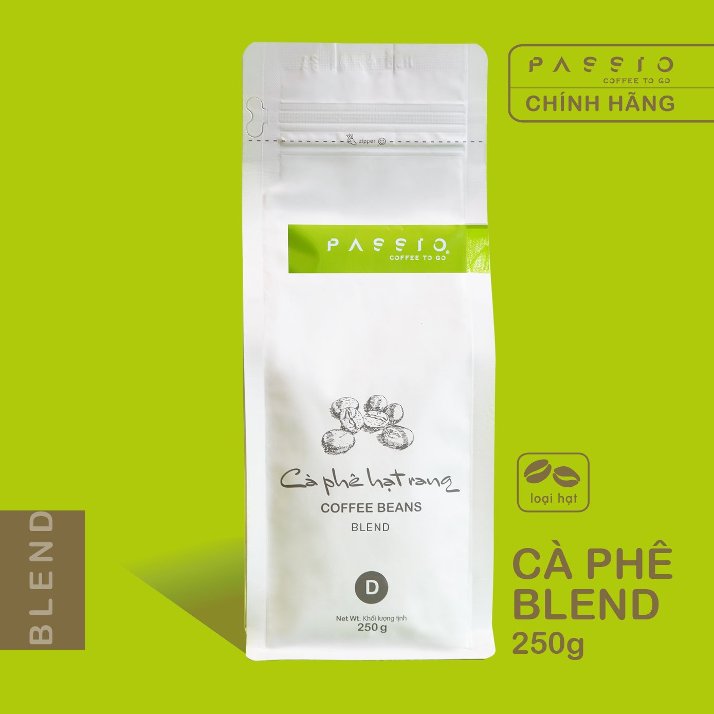 Cà phê Blend dạng Hạt nguyên chất 100% rang mộc - Passio Coffee (250g)